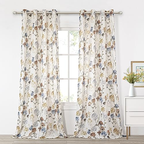 MYSKY HOME Floor to Ceiling Linen Floral Curtains 95 Inch