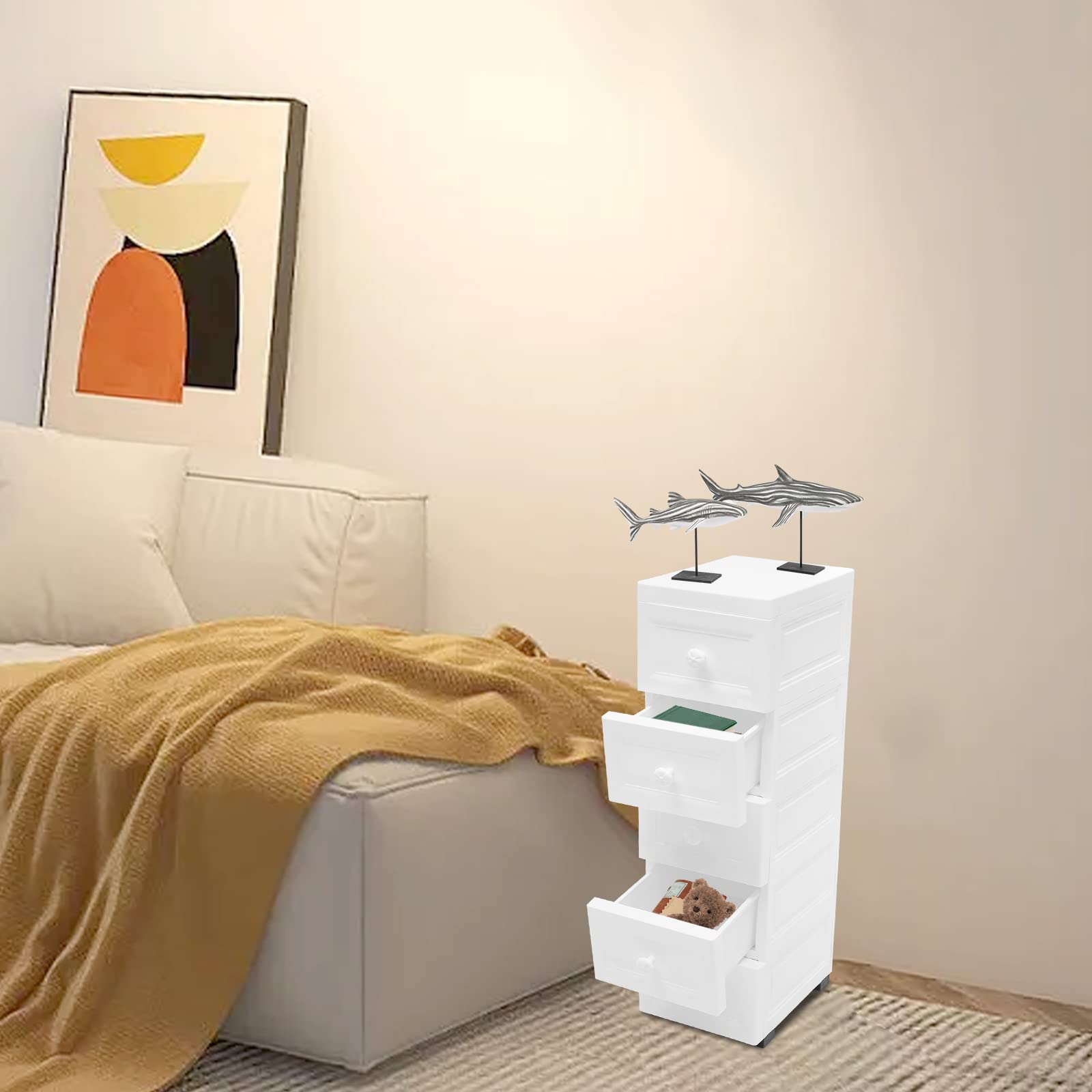 Carrito de baño con ruedas, armario multifuncional con 5 cajones, carrito de cocina para salón, dormitorio, etc., color blanco, 25 x 34 x 82 cm