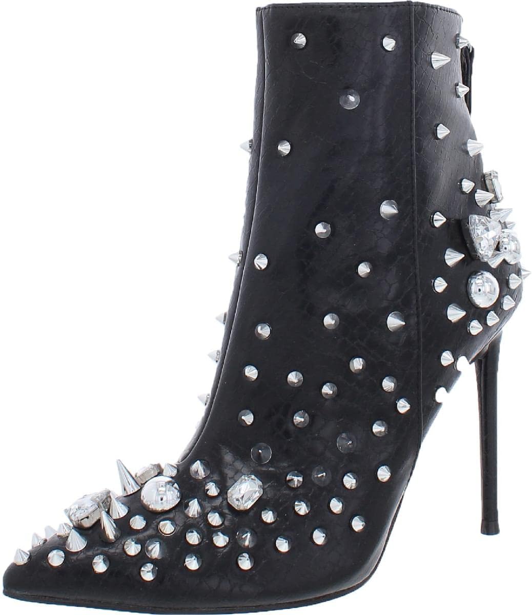 Steve Madden Viceroy Black Studs Back Zip Pointed Toe Stiletto Heel Ankle Boots (Black, 5.5)