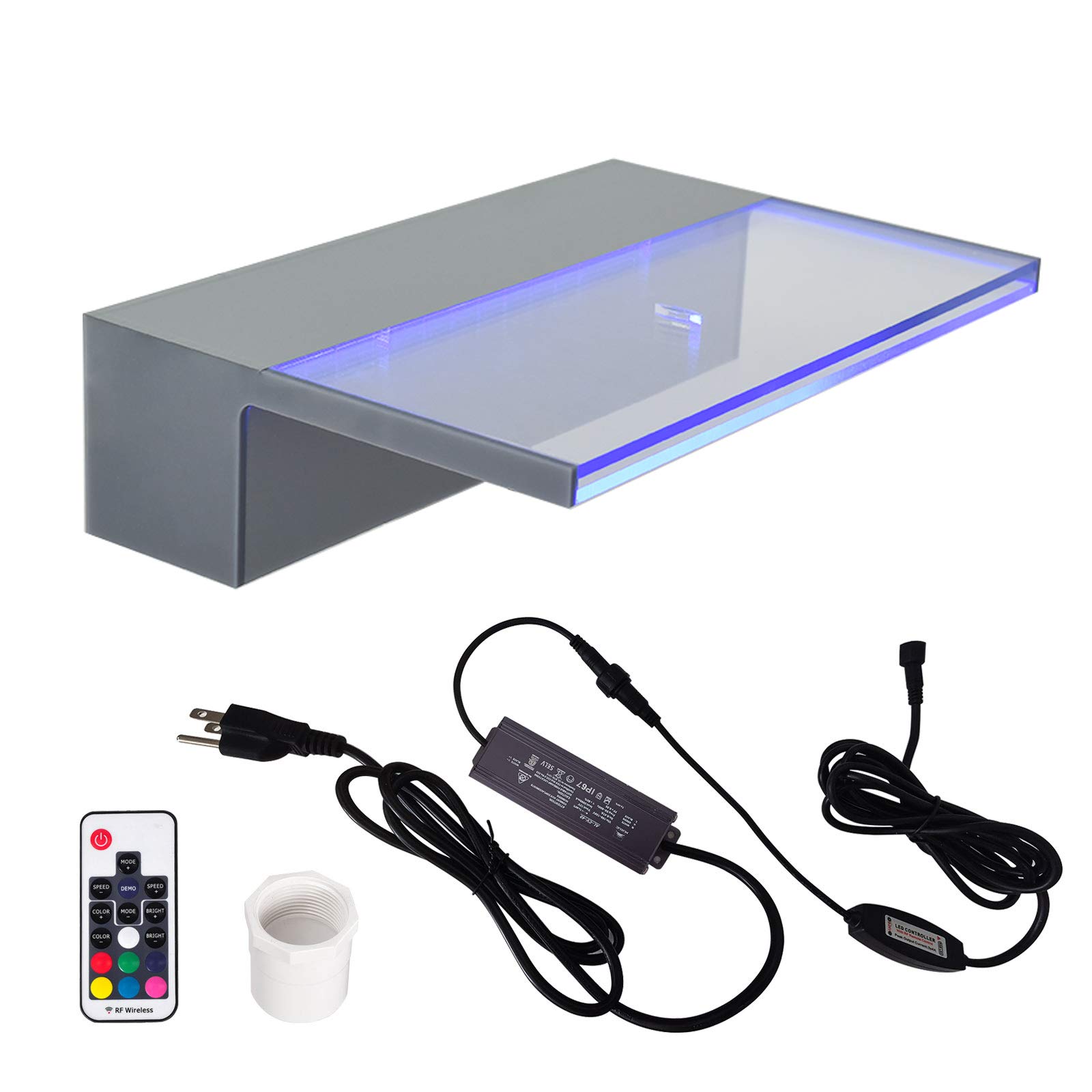 Photo 1 of YUDA Lighted Waterfall Pool Fountain 12" with LED 7 Color Changing and Remote, Acrylic Waterfall Spillway for Sheer Descent Garden Outdoor 12 in