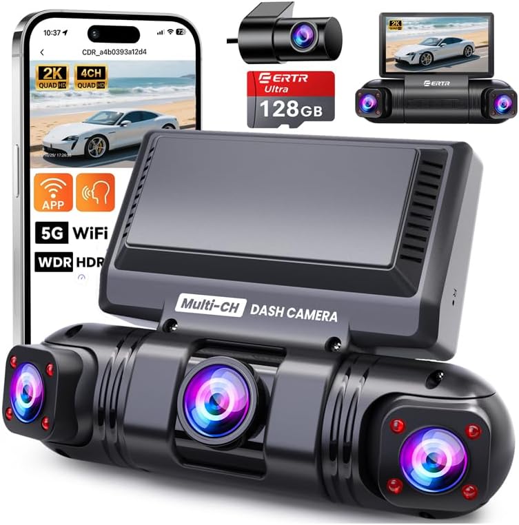 360° dashcam Auto, 4-Kanal Wireless 2K Dashcam, 2K+1080P*3 Auflösung, integriertes Wi-Fi &amp; App, G-Sensor, 8 IR-Nachtsicht-LEDs, inkl. 64GB SD-Karte