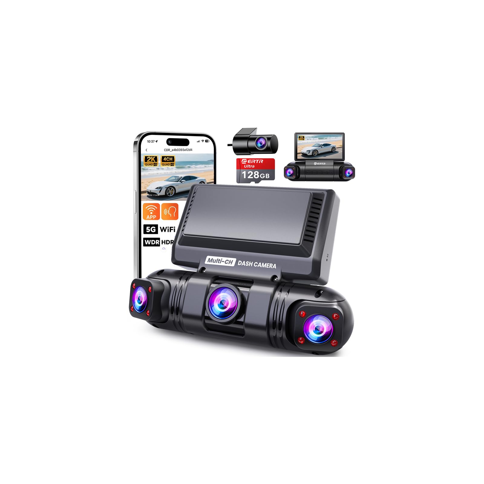4-Kanal Wireless 2K Dashcam 360° Auto Dashcam mit Wi-Fi, G-Sensor, 8 IR-Nachtsicht-LEDs, 64GB SD-Karte