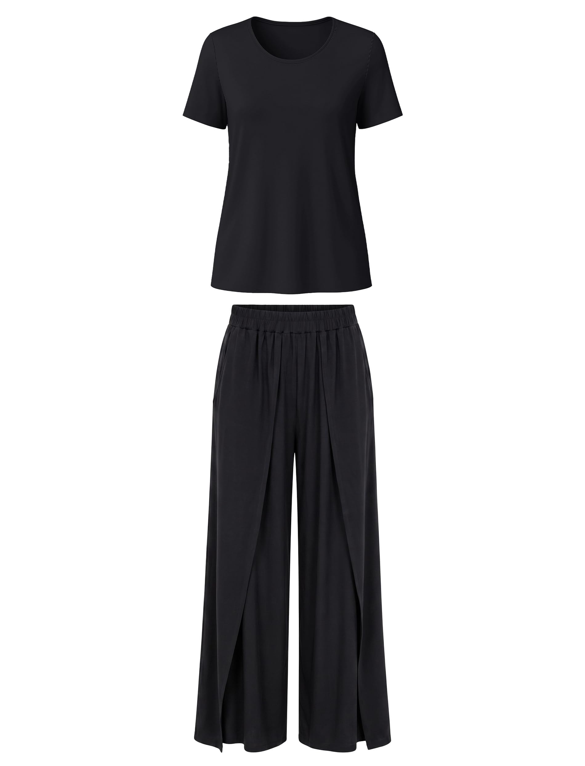 Vivisence conjunto de viscosa pijama mujer ropa de casa | pernera ancha cómoda, aberturas laterales ligeras, bolsillos prácticos, cintura elástica suave
