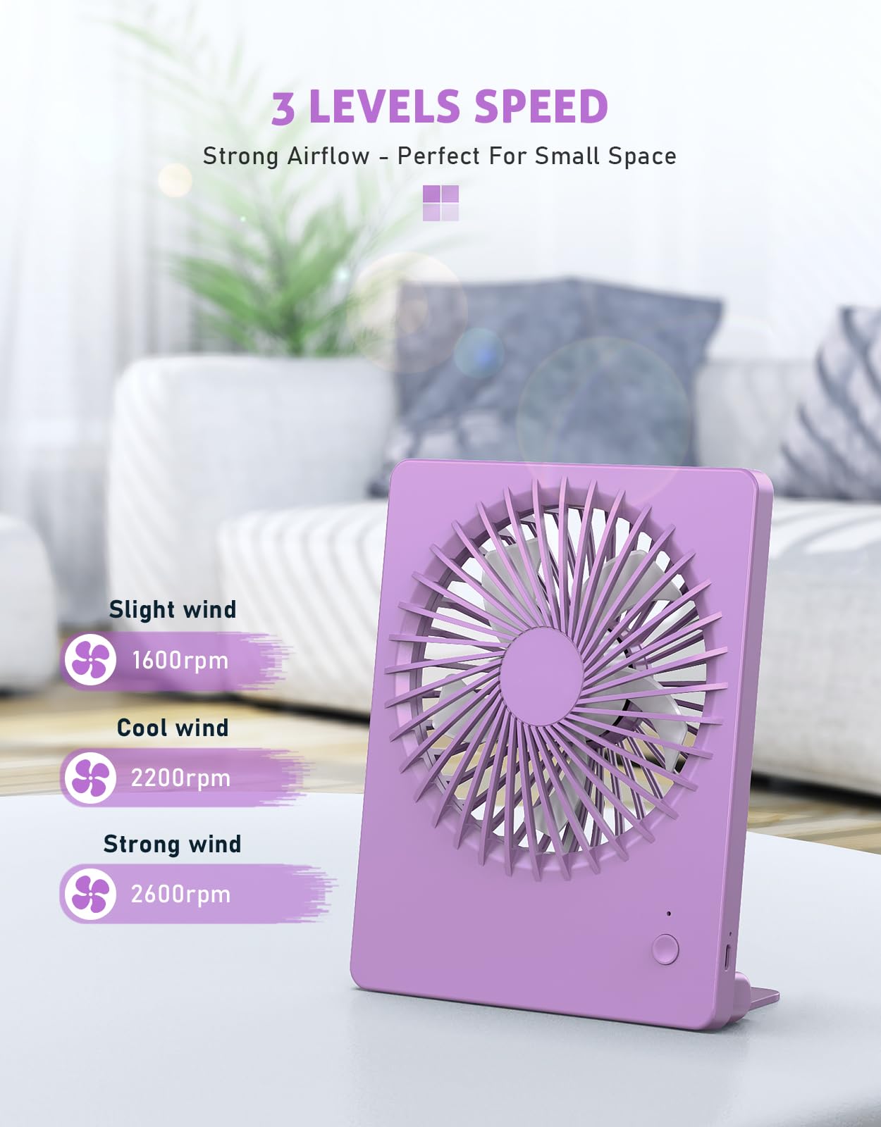 Zuvas Ventilatore da scrivania a batteria, ricaricabile, inclinabile a 180°, ultra silenzioso, piccolo, portatile, regolabile a 3 velocità, forte, ventilatore per ufficio, camera da letto, casa
