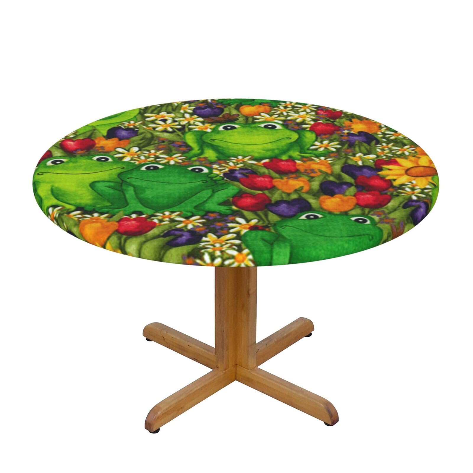 Ffshkowe Frog Elastic Round Tablecloth Oil Proof Table Cover For Dining Party Picnic