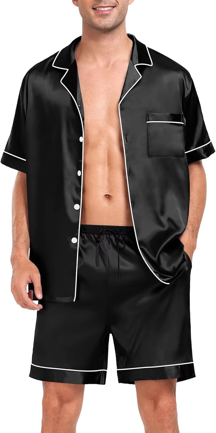 Product image of SWOMOG Men Silk Pajama Set Short Sleeve Satin PJs Sets 2 Piece Button Down Sleepwear Soft Summer Loungewear with Pockets