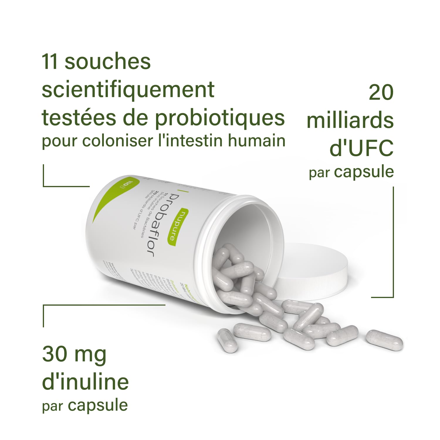 Nupure Probaflor 110 gélules, 20 milliards d'UFC, 11 souches bactériennes, inuline, Lactobacillus salivarius SP2