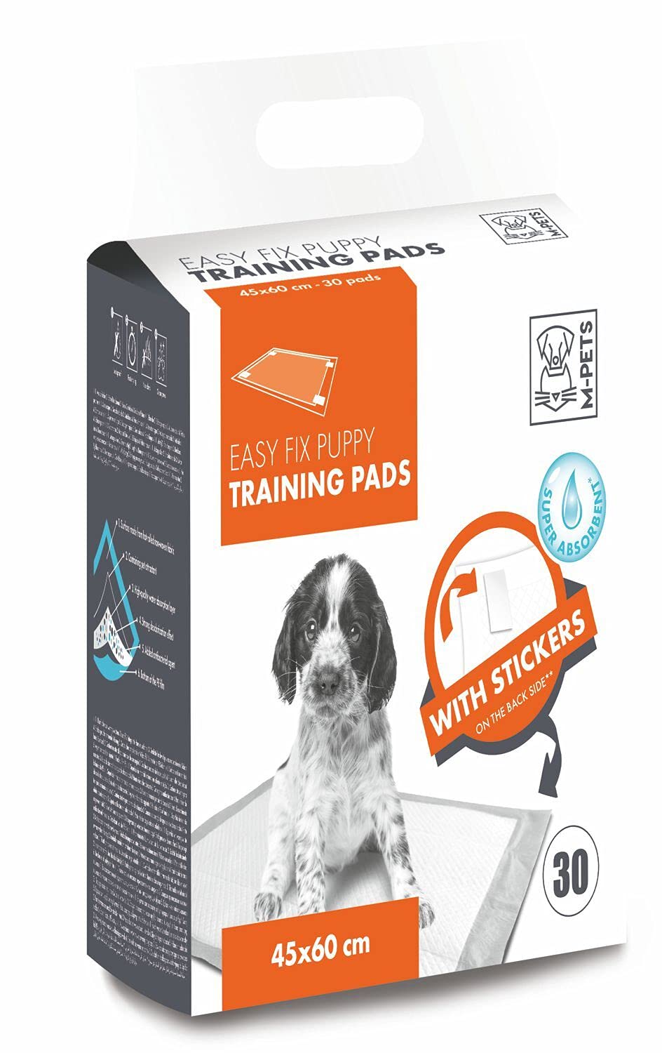 M-PETS Easy Fix Puppy Training Pads, Perfect for Travel, Super Absorbent, Leak-Proof, Odour Control & Quick Dry for Effective Potty Training, Suitable for Puppies, Senior Dogs - 45x60cm (Pack of 30)