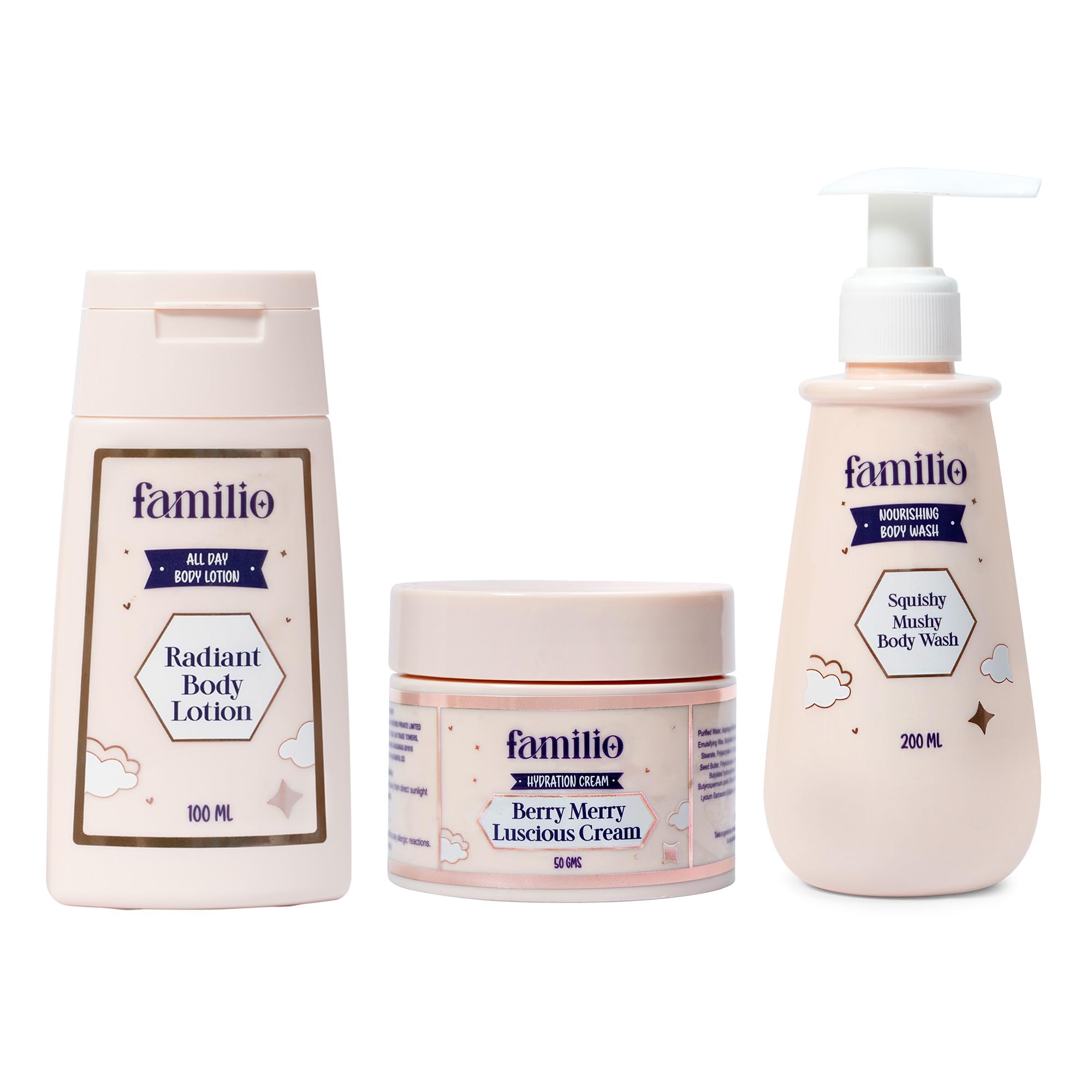 Familio Skin Care Combo Set, Body Wash 200ml, Body Lotion 100ml, Hydration Cream 50g, with Honey, Shea Butter, Coconut Oil, Berry Extracts-image-36