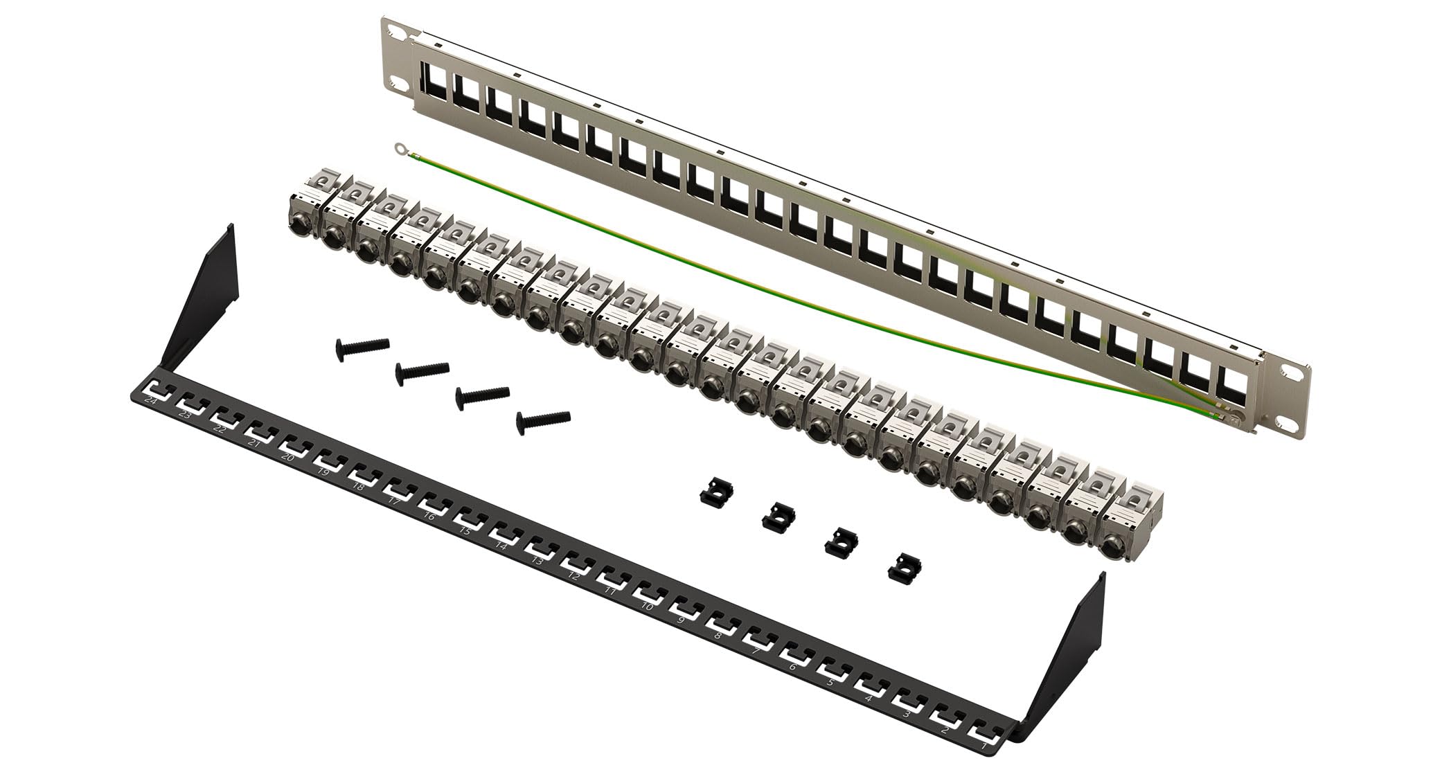 FGB 10Gbps 24 Port CAT7 Patchpanel mit 24x Cat7 Keystone Module Geschirmter, 19" Zoll Rackeinbau RJ45 LAN Netzwerk 600 MHz Verlegekabel für Gigabit-Netzwerk-Switch