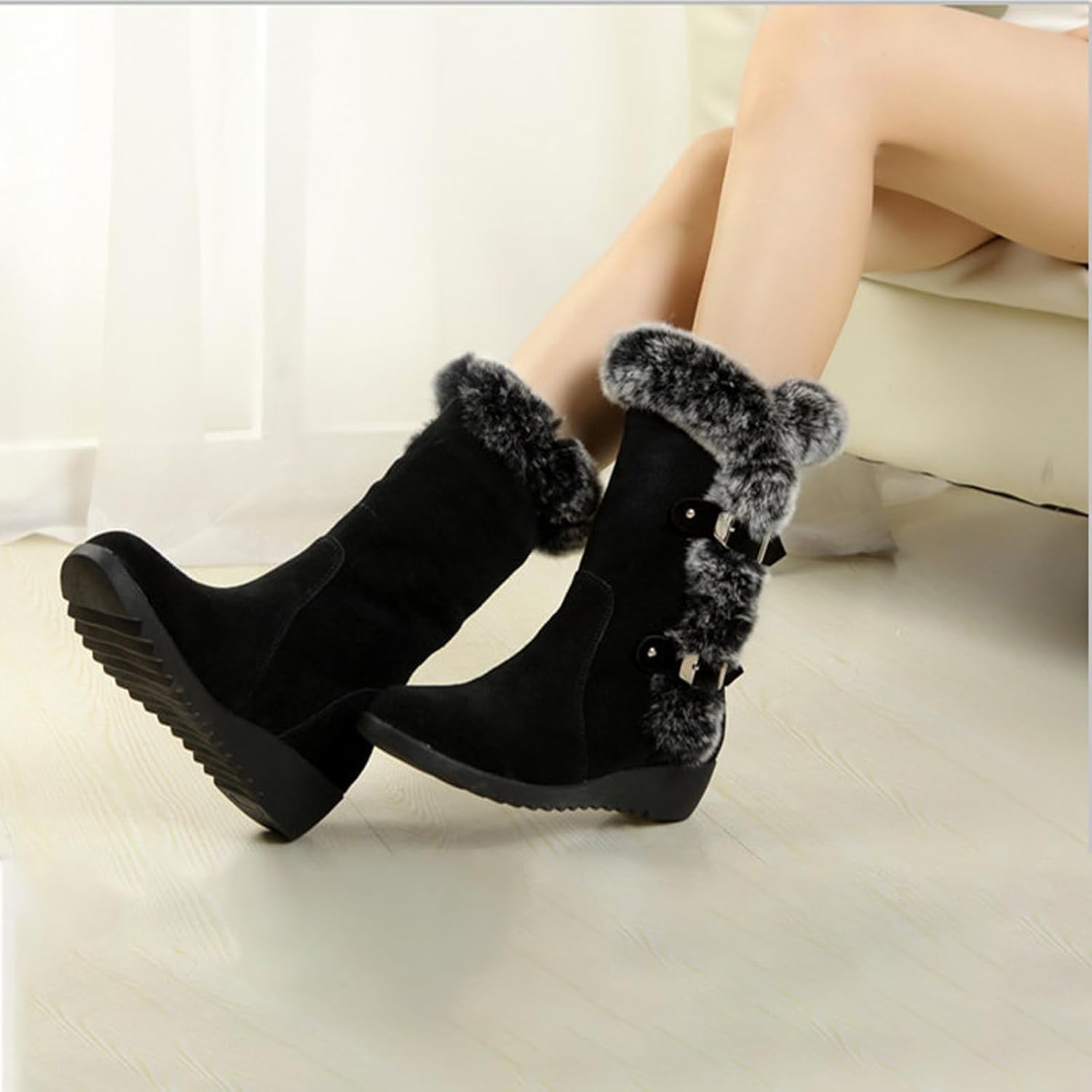 WENOREG Women's Suede Warm Mid Calf Snow Boots,Fashion Metal Buckle Furry Wedges Booties Outdoor Water Proof Anti-Slip Warm Plus Fleece Cotton Retro Winter Snow Tall Boots - Image 5