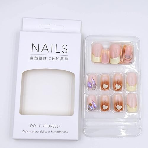 Miniatura 3 de Aeeo - Uñas postizas a presión cuadradas medianas, francesas, uñas postizas de gel de cobertura completa con diseños bonitos, uñas postizas