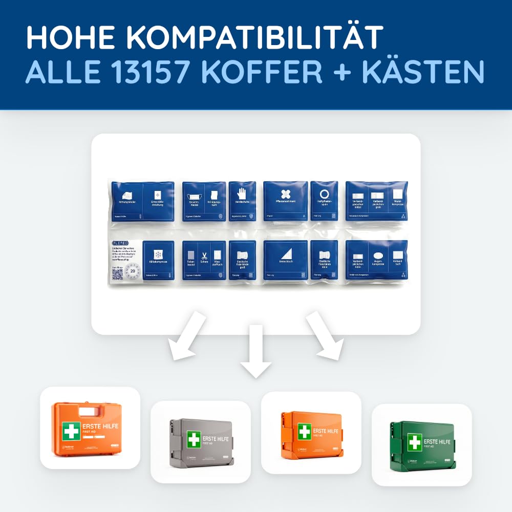FLEXEO DIN 13157 Nachfüllset für Erste-Hilfe-Koffer, Verbandskasten | Verbandkastenfüllung bestehend aus 85 Teilen inkl. Erste-Hilfe-Anleitung | nach aktueller geltender DIN 13157:2021