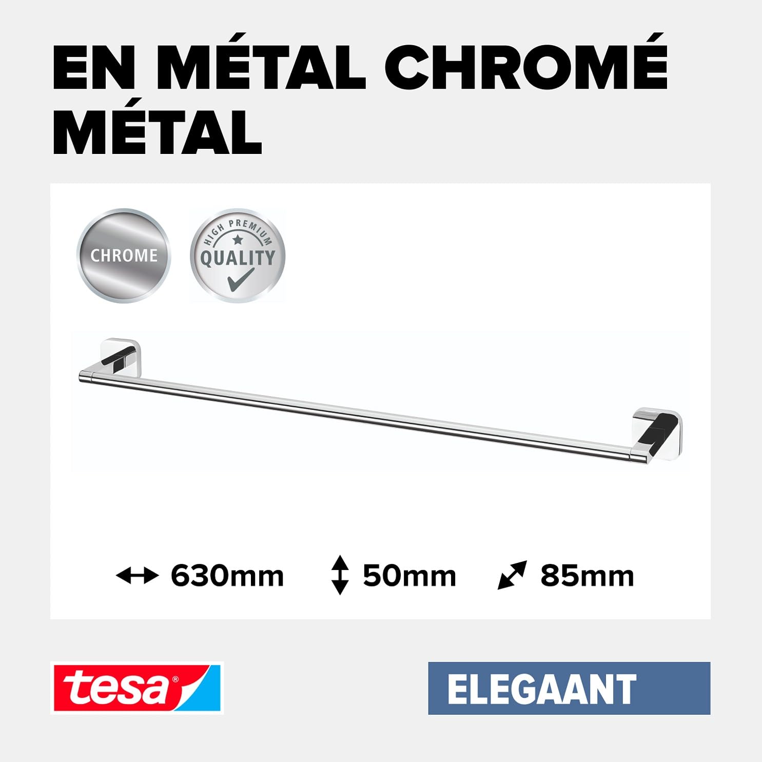 tesa® Smooz support serviette salle de bain, finition brillante métal chromé, adhésif, technologie sans percer