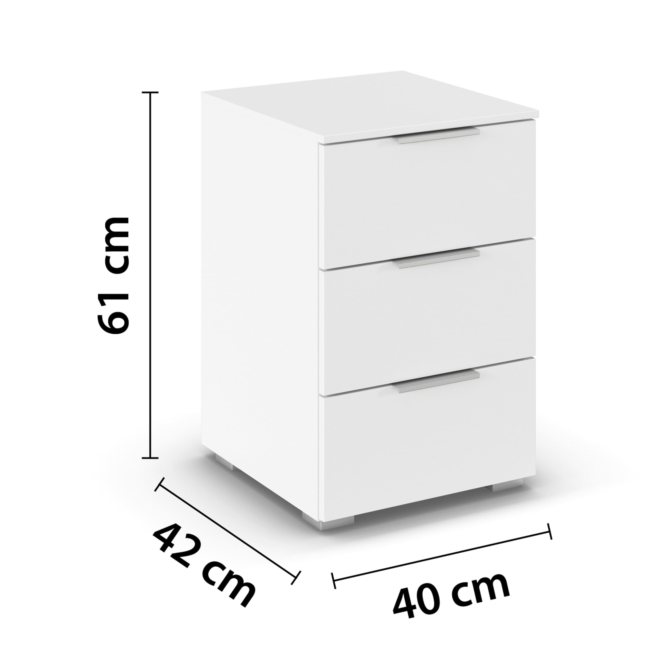 Rauch Möbel Alabama, Nachttisch für Schlafzimmer, Kinderzimmer, Gästezimmer, mit 3 Schubladen, Soft-Close-Funktion, Farbe Weiß, Griff Alufarben, Maße 40x61x42cm | Nachtkommode, 3 Schubladen, Soft-Close-Funktion, passend für Serie Alabama, für Schlafzimmer
