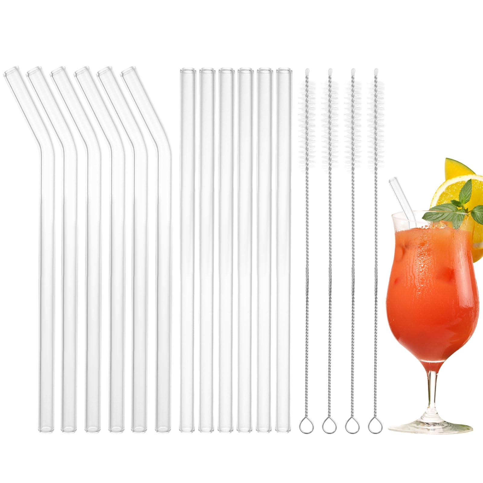 Aselected 12 Pcs Glass Straws, 21 x 10 cm Glasses Straw Reusable 6 Straight and 6 Curved, Clear Straws Glasses with 4 Cleaning Brush, Glass Drinking Straws for Bubble Tea Cocktail Juices Slush