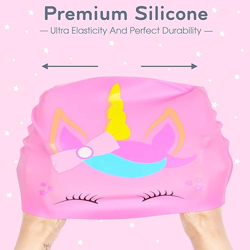 Miniatura 5 de 2 gorros de natación de silicona para niños y niñas (edad 3-12) cubre las orejas, gorro de baño impermeable para mantener el cabello seco, sombrero