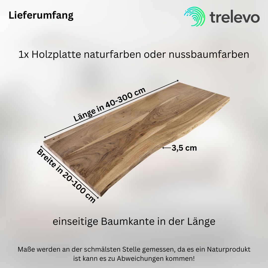 Holzplatte nach Maß 40-200 x 20-100 cm, Akazienholz massiv 35mm, naturfarben/nussbaumfarben, individueller Zuschnitt, Baumkantenplatte für Bastler und Heimwerker