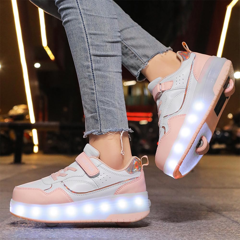 Hixingo Zapatillas con Ruedas Niño Niña, Blanco Zapatos con Dos Ruedas para Niñas 2 en 1 Zapatillas Patines Zapatillas Ruedas Niño, Zapatos Patines Calzado de Skateboarding Multifuncionales