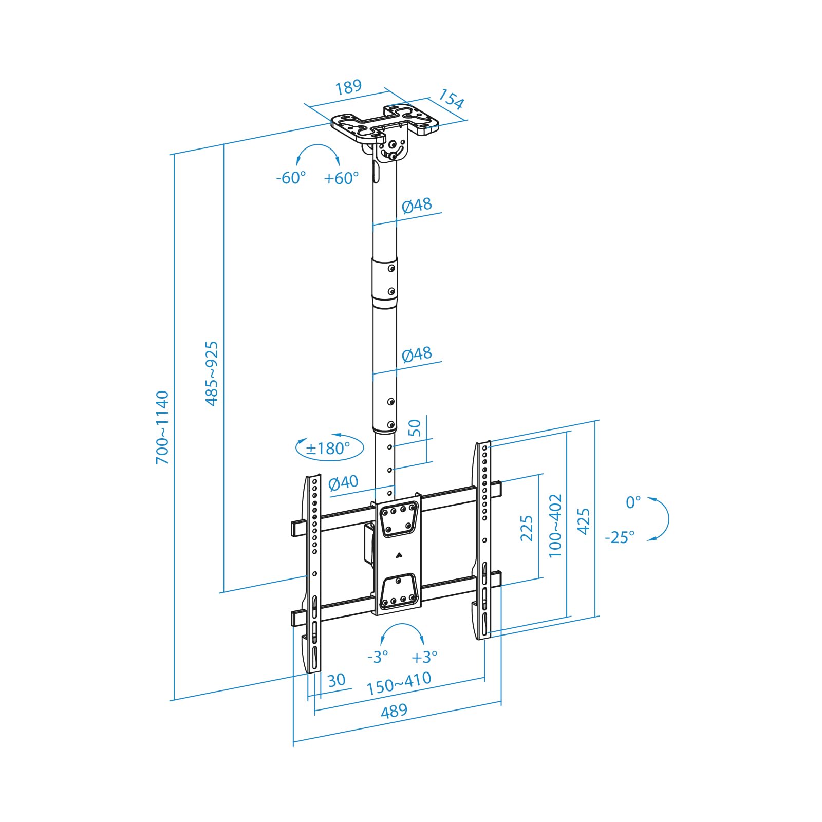 TOOQ LPCE1175TSLI-B obrotowy wysuwany uchwyt sufitowy do ekranów 32"-75", waga do 60 kg, VESA do 400 x 400, kolor czarny