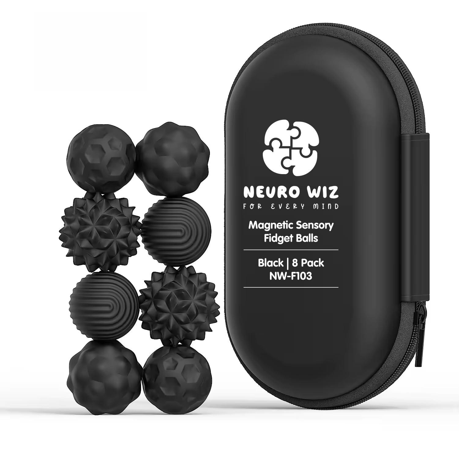 Magnetic Sensory Fidget Balls – Textured Silicone with Carry Case (Black, 8 Pack)