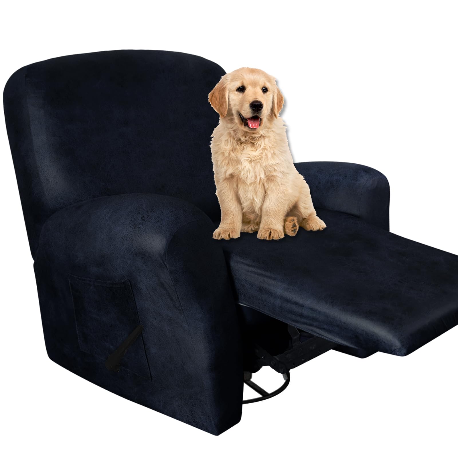 molasofa Leather-Look Spandex Recliner Chair Covers,4-Piece Recliner Cover with Pocket,Soft Non Slip Recliner Covers for Recliner Chair,Washable Furniture Protector (Navy Blue)