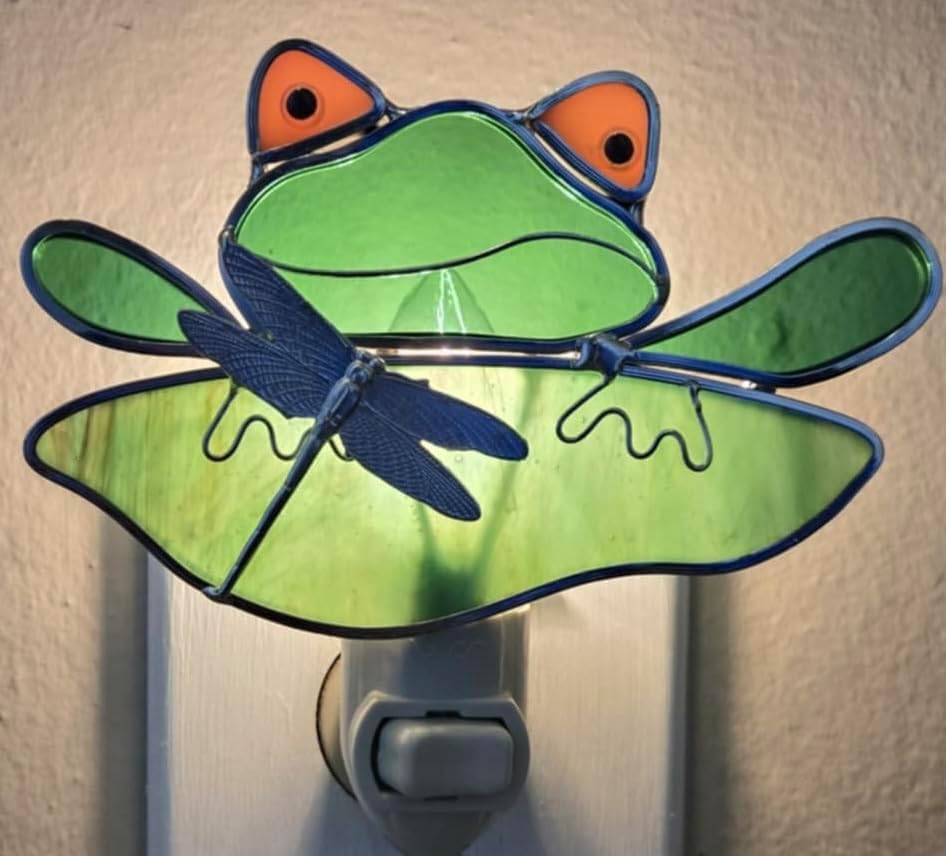 JGS Stained Glass Frog Night Light with Dragonfly – Handcrafted Real Glass with Silver-Plated Finish – Includes Standard Base and 5W Bulb – Whimsical Decor by Juhlin Glass Studio