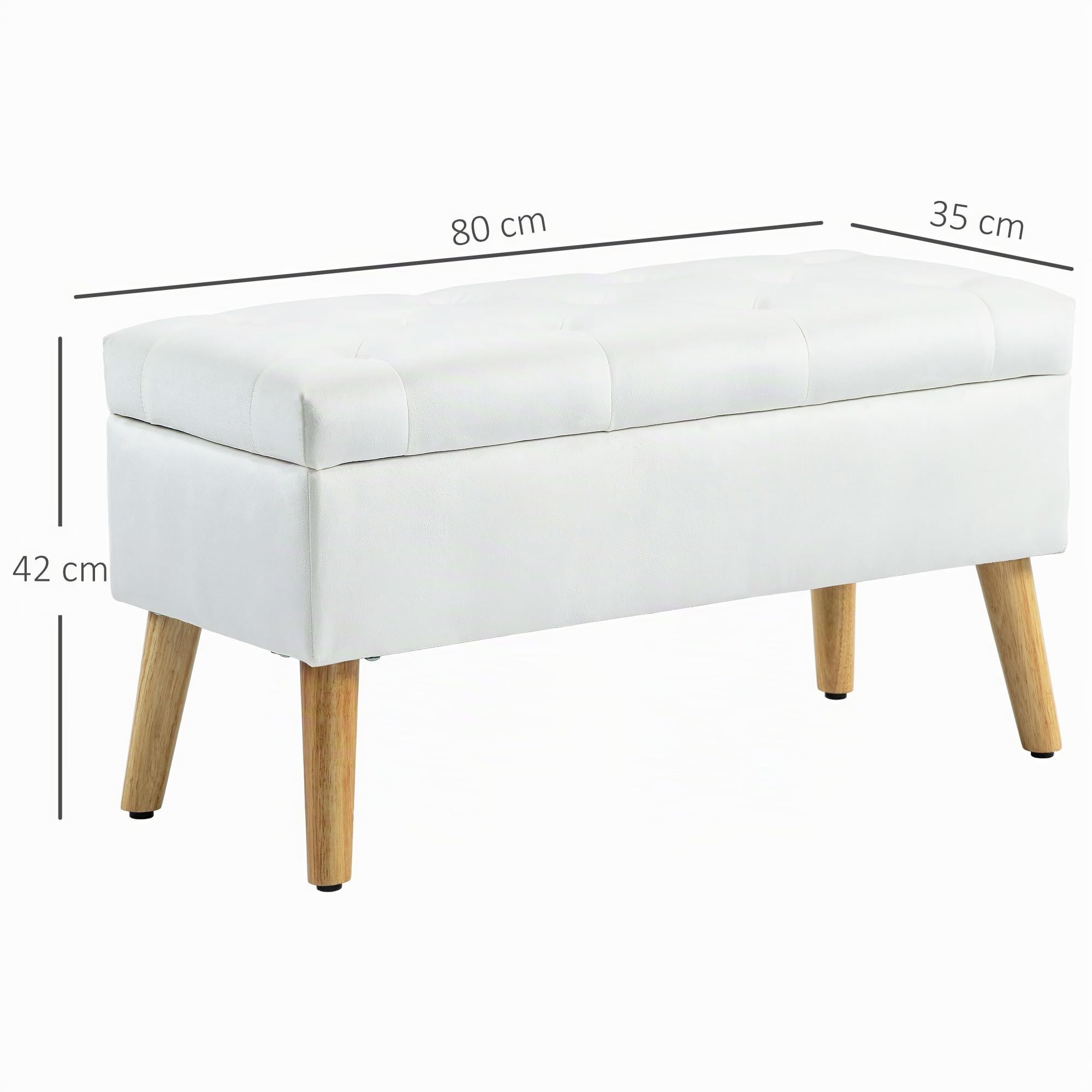 HOMCOM Banco de Almacenamiento con cojín y Tapa, 80x35x42 cm, Blanco | Banco de cama con aspecto terciopelo, para pasillo, dormitorio, salón, madera de caucho.