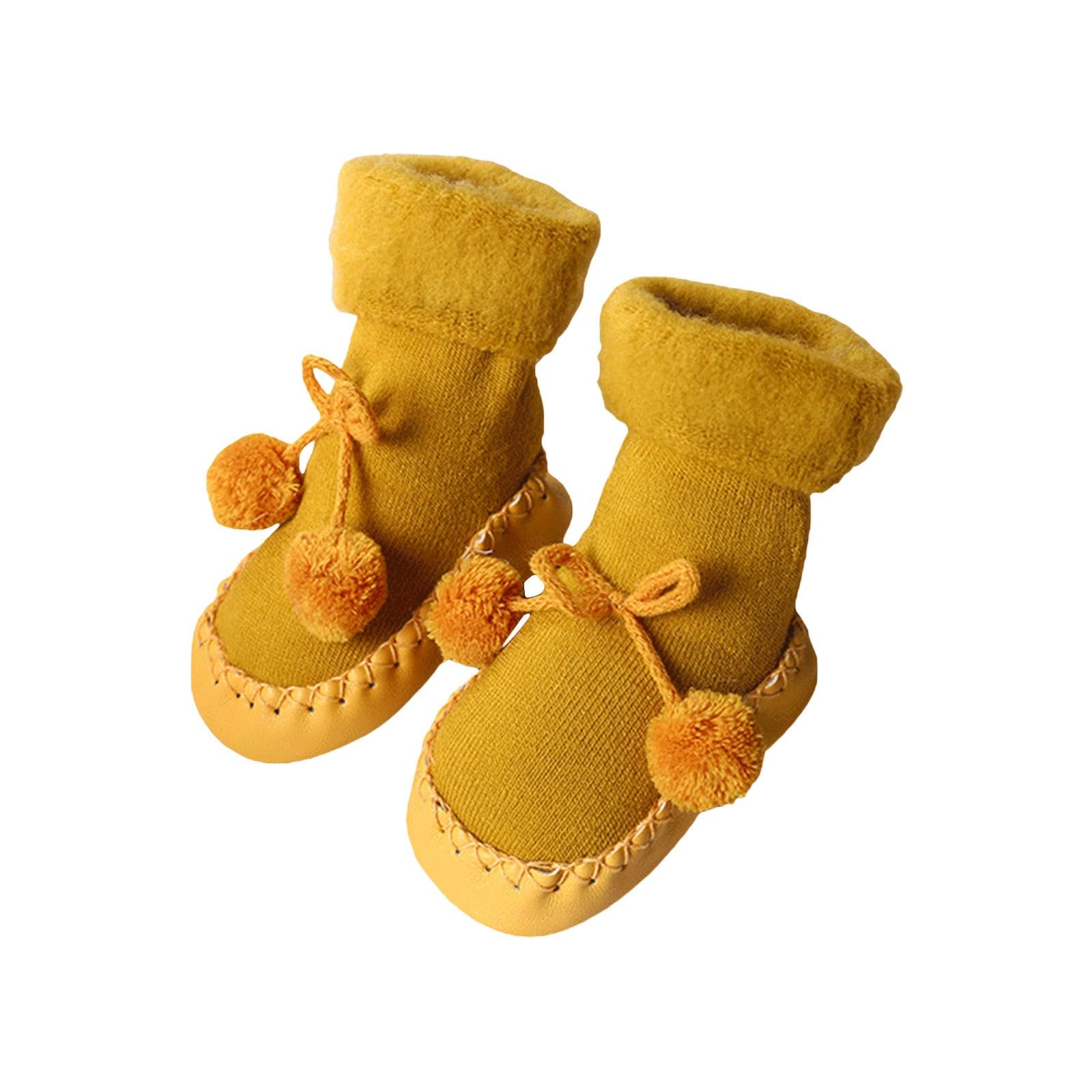 Toddler Baby Floor Socks Thickened And Fleece Warm Toddler Shoes Non Slip For 0 To 24Months Girl Slip on Shoes (Yellow, 4 Infant)