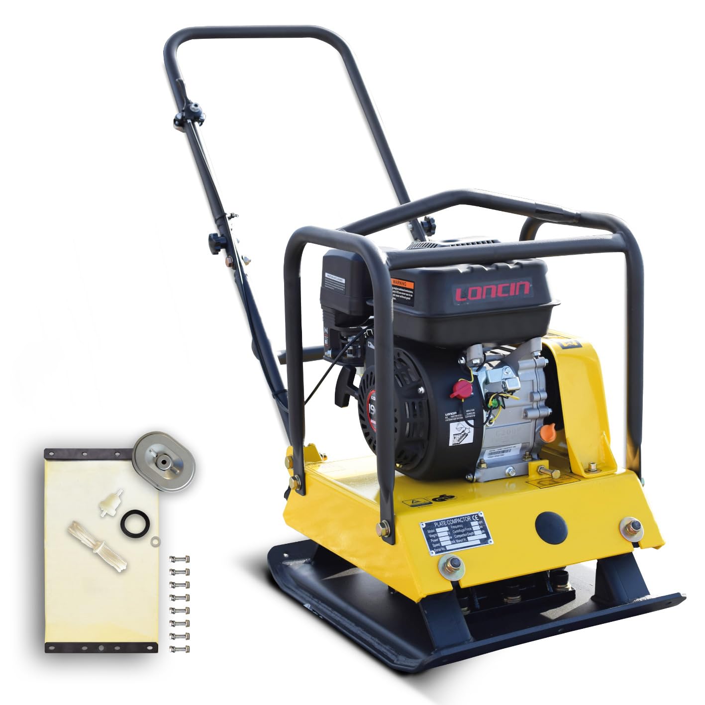BAMATO Rüttelplatte R-100 Vibrationsplatte Verdichter 15kN Rüttler | 15 kN Verdichtungsdruck & 300mm Tiefe | Inkl. Gummimatte & XXL-Zubehörkit | Große Platte 550x440mm für Pflaster & Bau