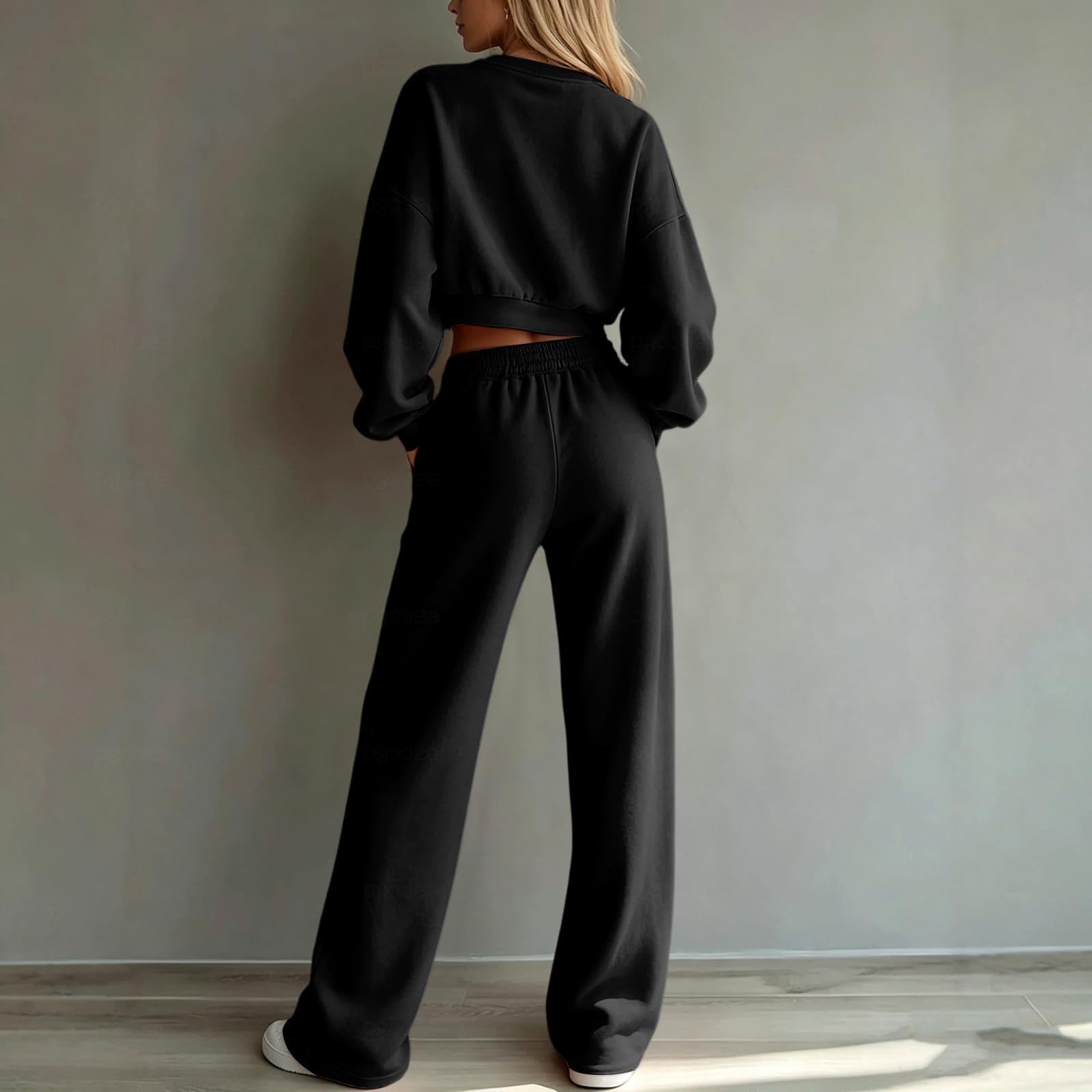 Jogginganzug Damen Wide Leg Sweatpants Jogginganzug Short Sweatshirt Damen Anzug Herbst Set,Grey-XS