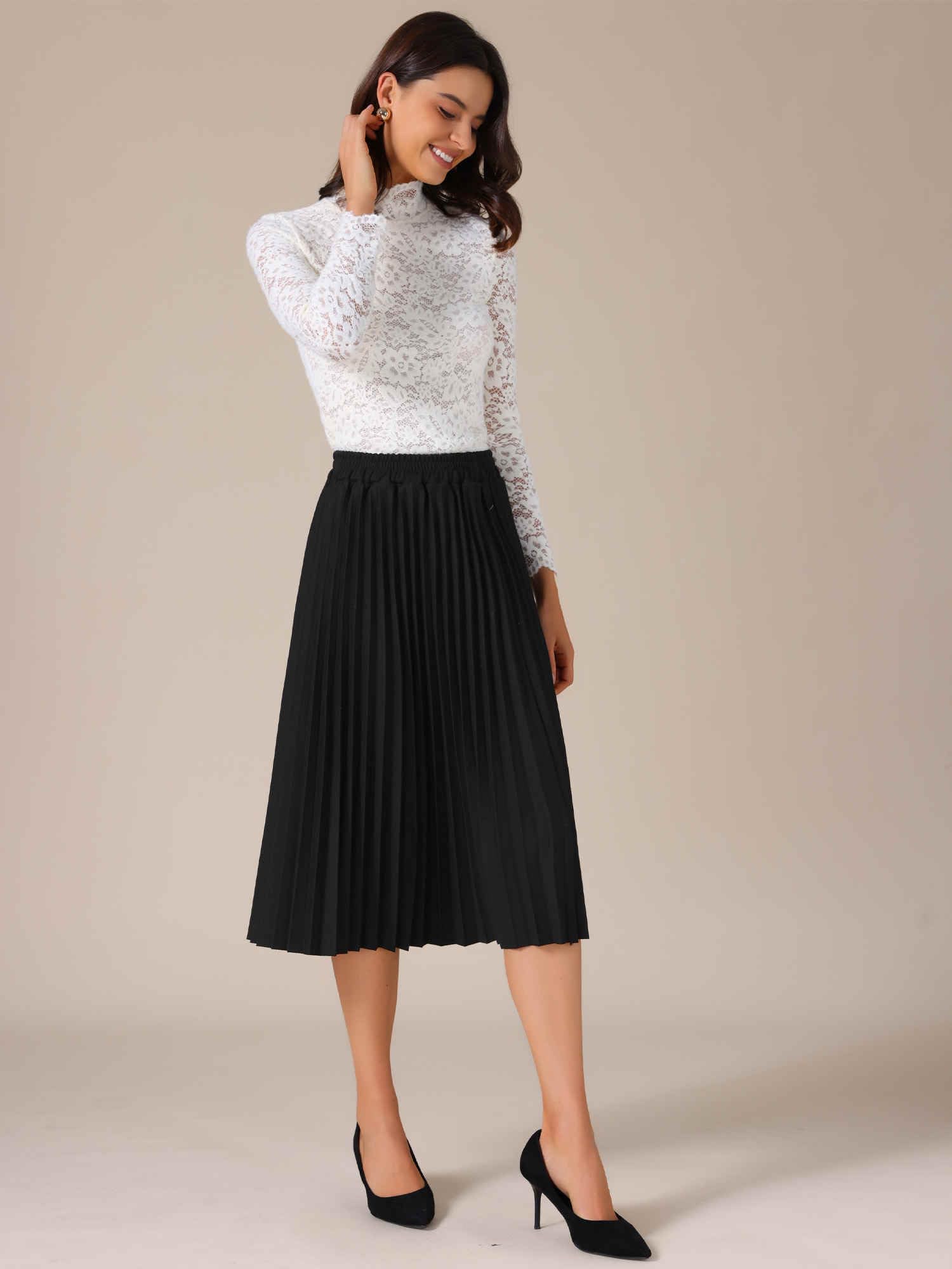 Allegra K Falda plisada para mujer, cintura alta, elástica, acampanada, casual, holgada