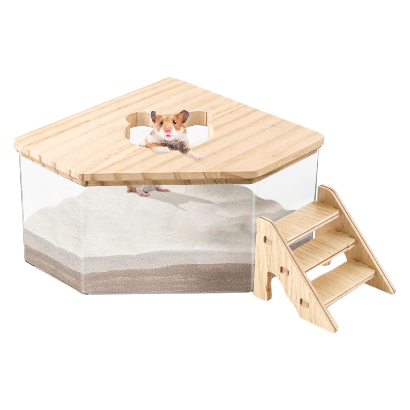 Hamster Sand Bath Box | Hamster Bath Sand Gerbil Sand Bath Hamster Dust Bath | Transparent Acrylic Shower Room Small Animals Digging Sand Container with Wooden, Hamster Accessories