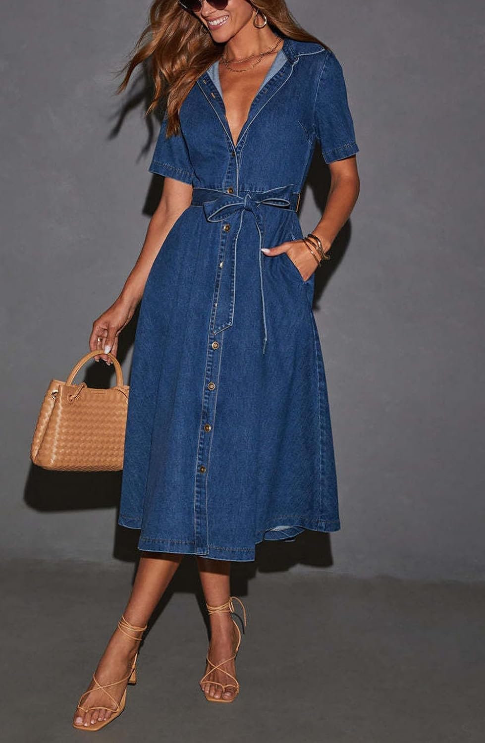 utcoco Women's Denim Shirt Dress with Belt Elegant Short Sleeve Button Down Midi Dress with Pockets - Image 4