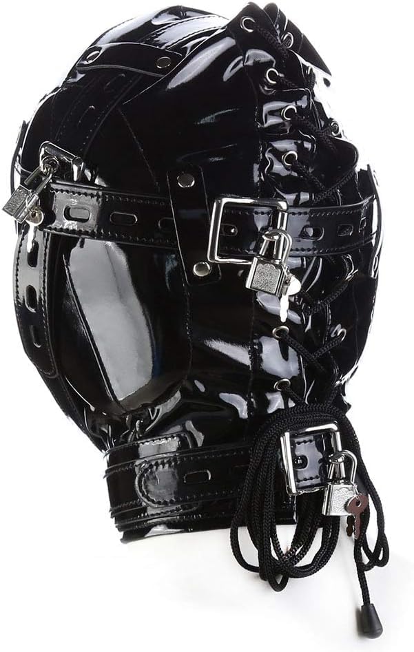 MFMYEE Leather Full Head Mask - Shiny PU Leather Latex Open Mouth Masks Adjustable Head Hood Adult Sex Restraint Masks Fetish Sex Toys