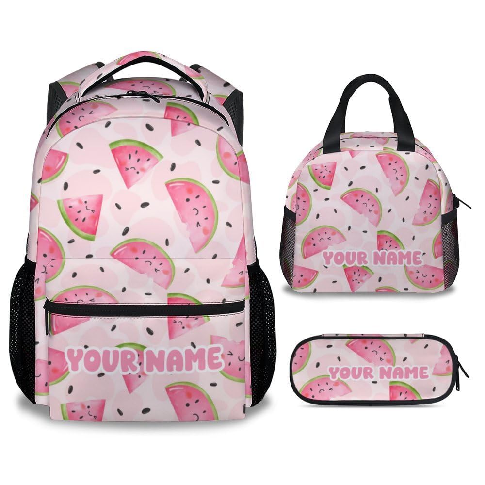 KAXVZER Custom Watermelon Girls Backpack with Lunch Box Set, 3 in 1 School Backpacks Matching Combo, Cute Pink Bookbag and Pencil Case Bundle