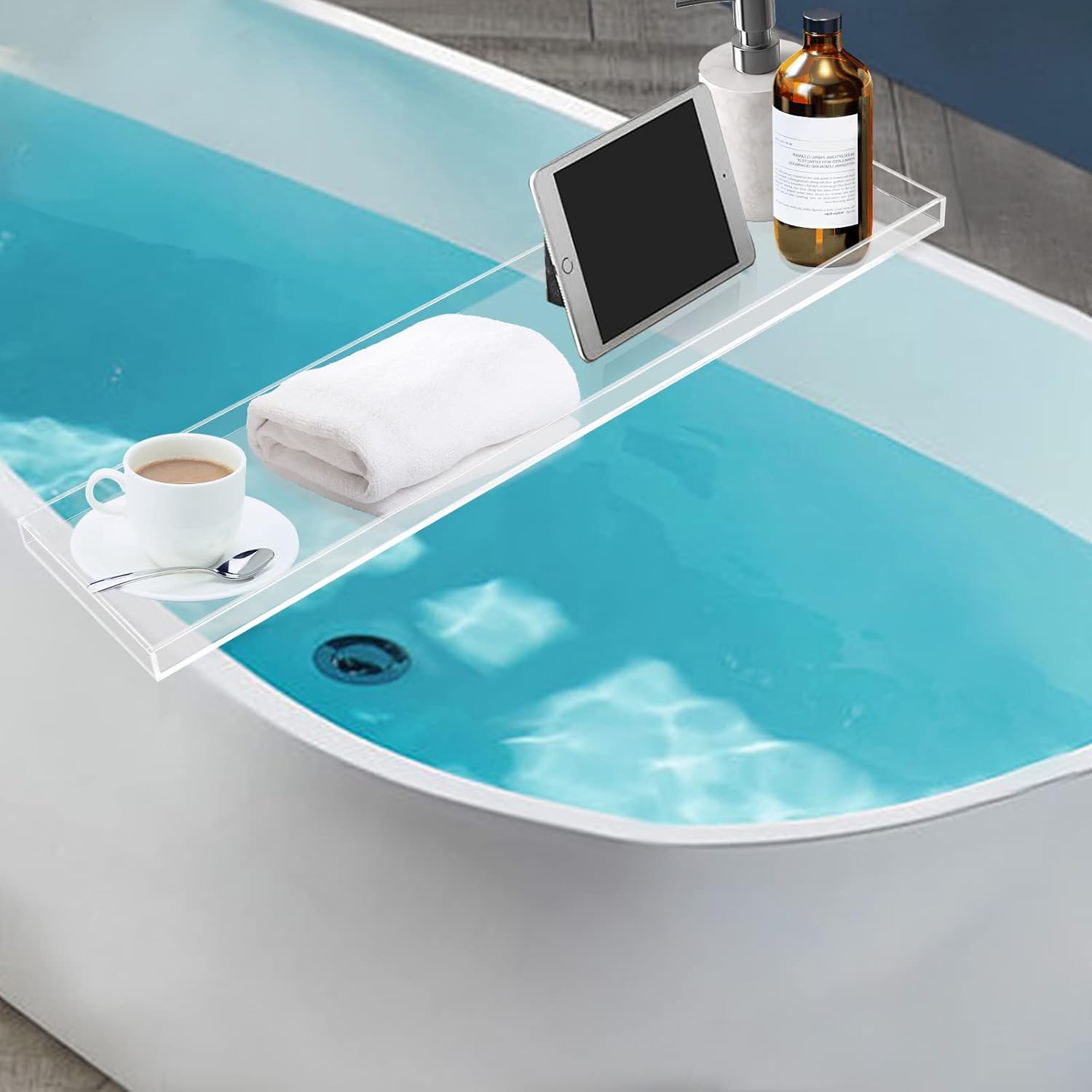 Acrylic Bathtub Tray Caddy, Wine Glass Book Holder, Bath Tub Table Caddy for Home Bathrooms Organizer Shelf Luxury Most Baths, Clear,82x20cm