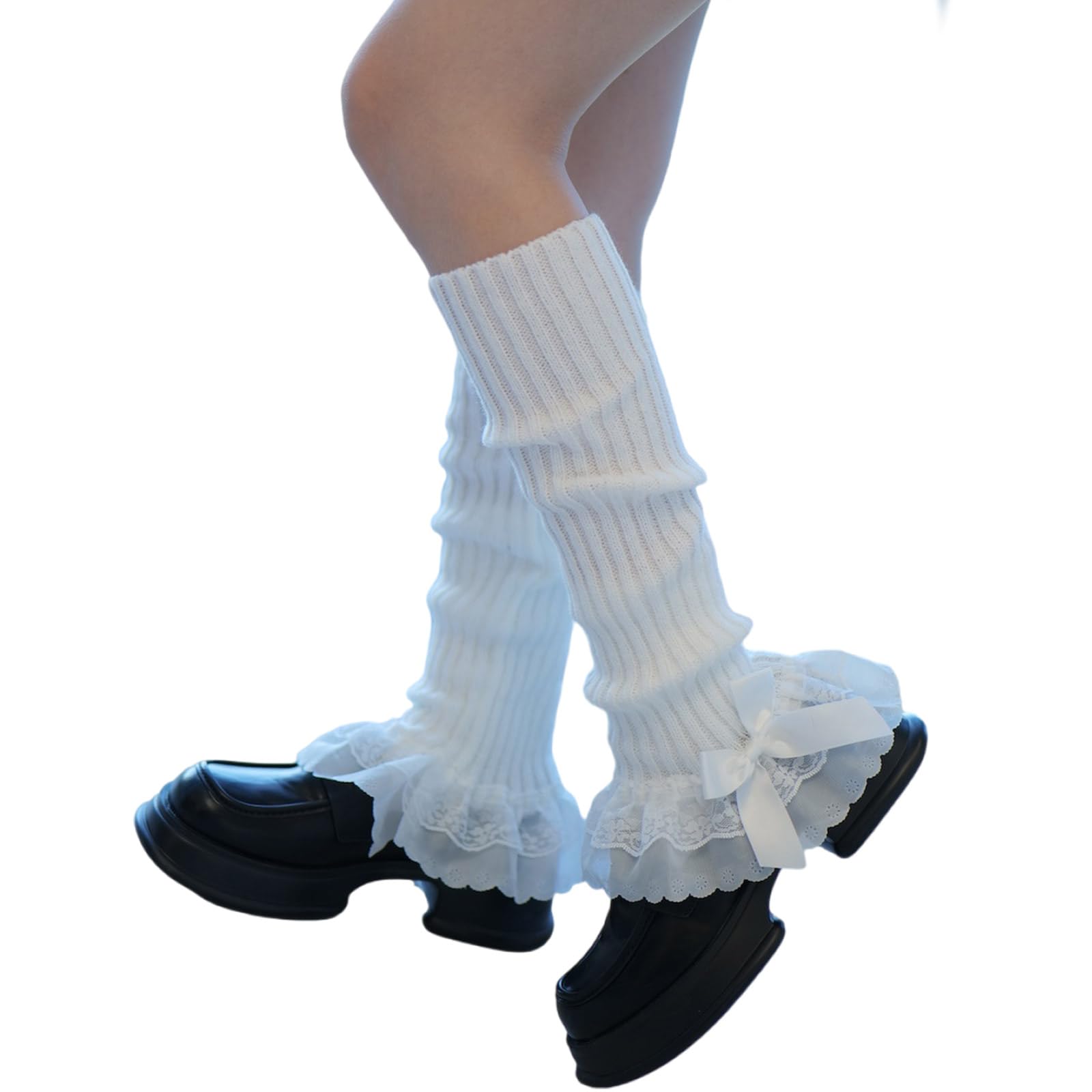 Chizisx Unisex Lace White Fairycore Ribbed Knit Leg Warmer Socks Tiered Ruffled Lace Trim Sleeve Japanese Sweet Bowknot Boot Covers For Women Knitted Covers