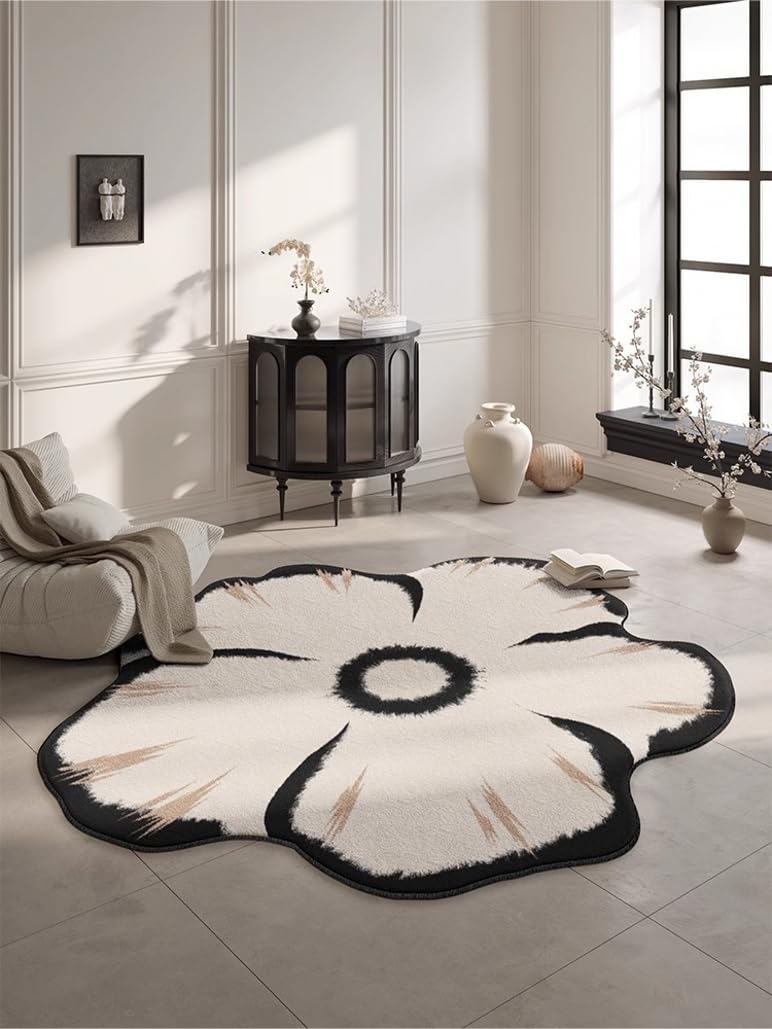 Chic Daisy Flower Shaped Area Rug Black White Beige Daisy Floral Pattern Round Rug for Bedroom Dining Room Home Office Decor Non Shedding Faux Wool