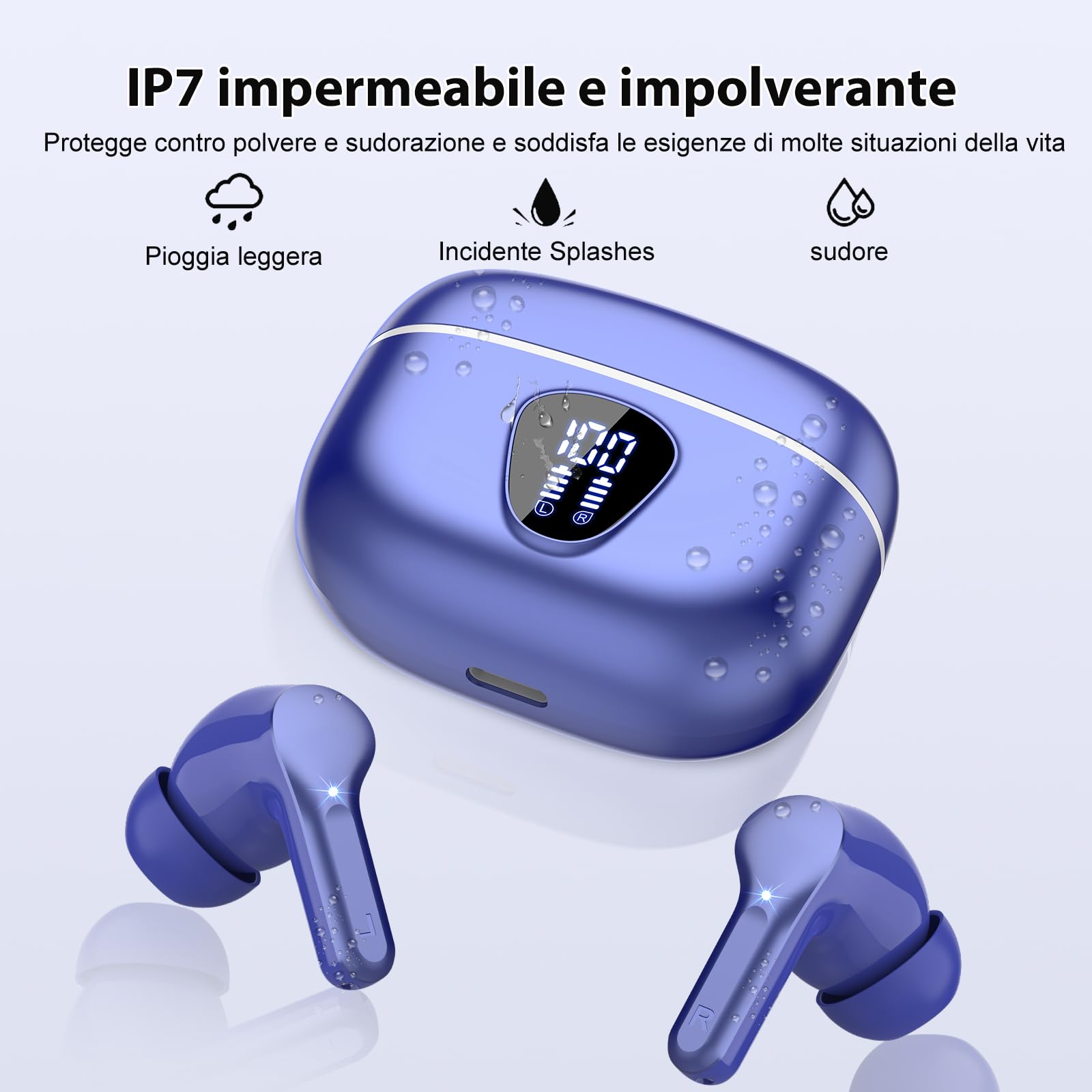 Cuffie Bluetooth, Auricolari Bluetooth 5.3 Stereo HiFi con 4 HD Mic, Cuffie Wireless In Ear ENC Cancellazione Rumore, 40 Ore LED Display Touch Control, Cuffiette Bluetooth IP7 Impermeabili, Blu scuro