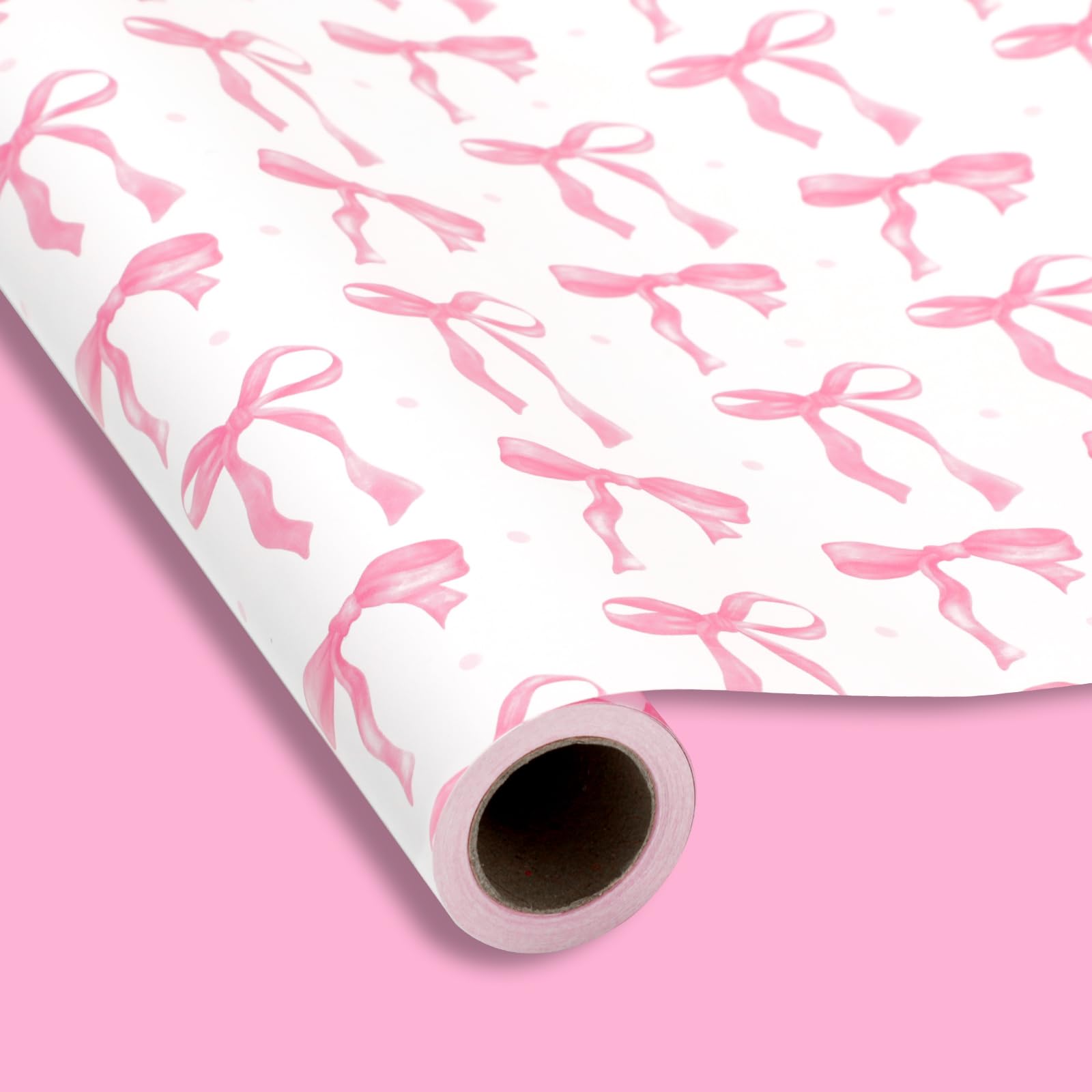 FYSUIMU Pink Bow Wrapping Paper -Mini Roll- 17In x 32.8Ft Cute Bowknot Gift Wrap Paper Double-Printed Craft Paper for Birthday Bridal Party Packing Supplies — image 1