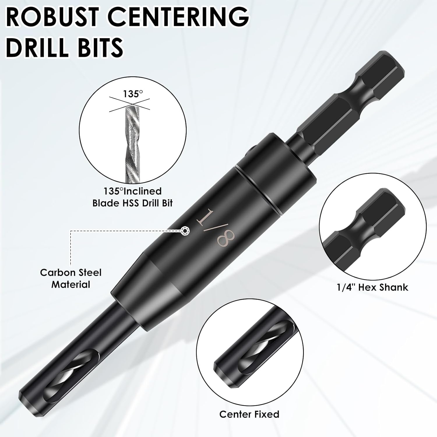 18 PCS Self Centering Hinge Drill Bit Set, 6 PCS 1/4" Hex Shank VIX Bit & 10 PCS 1/64”-5/64” Hinge Center Drill Bits & 2 PCS Hex Key for Woodworking Wood Cabinet Window Door