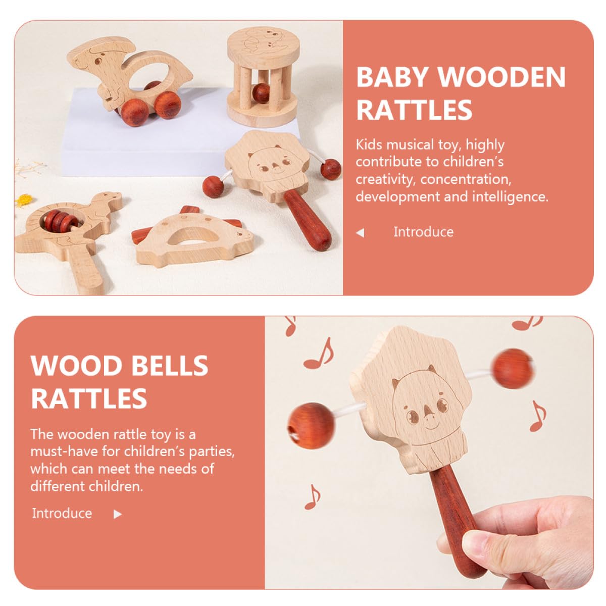 Abaodam Set 5 Pezzi Sonagli in Legno per Ragazzo Ragazza, Giocattoli Educativi Interattivi Campanelli Rilassanti, Regalo Sicuro in Legno Levigato per Piccoli e Stimolo Senso del Ritmo