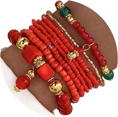 IFKM 8PCS Beaded Bracelets for Women, Multilayered Stackable Strand Stretch Bead Bracelet Pack Handmade Trendy Bohemian Charm Jewelry