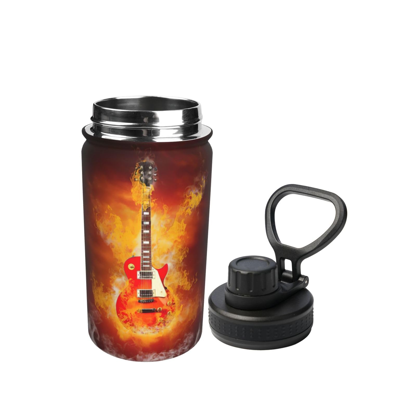 Isolierte Metall-Wasserflasche, Motiv: Rock-Gitarre im brennenden Druck, 340 ml, Edelstahl, hält kalt und heiß