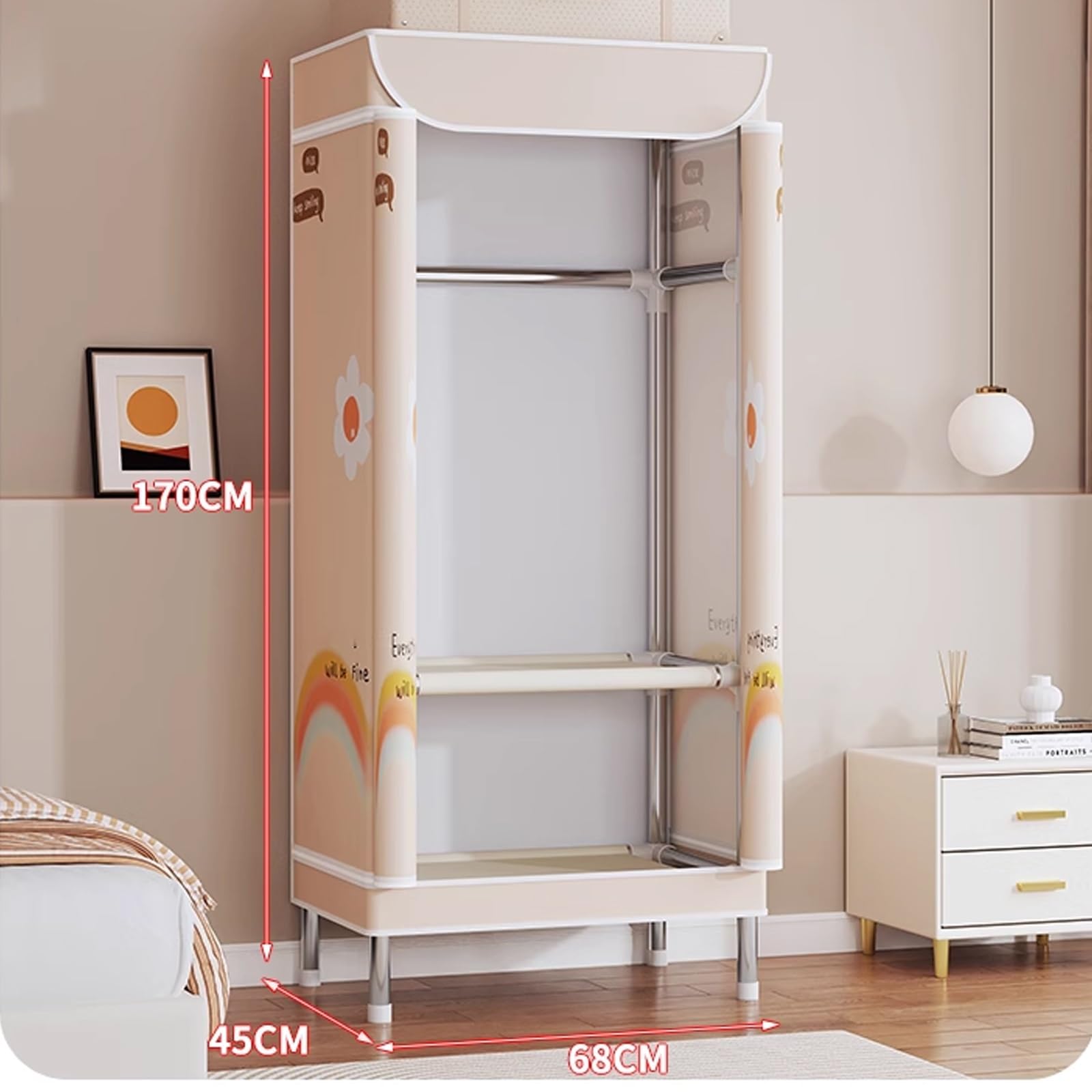 Kleiderschrank Stoff mit Kleiderstange Große Kapazität Camping Kleiderschrank Klappbar Klamotten Ständer mit Reißverschluss für Wohnheime und Wohnungen(Beige,68cm)