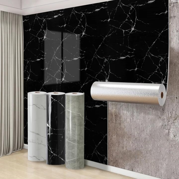 Swehooirt 3 Roll Self Adhesive Thermal Wallpaper 2.3mm Thick Black Marble Vinyl Peel and Stick Wallpaper for Bad Cold Walls Insulating Wall Covering Roll Waterproof Damp Proof Bathroom Kitchen — image 1