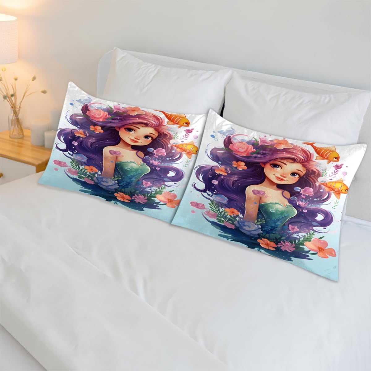 Silk Pillowcase for Hair and Skin, 2 Pack Cooling Silk Pillow Covers for Sleeping Pretty Mermaid Girl Soft Breathable Smooth Satin Pillow Case,Gold Fish (20x40, King Size)