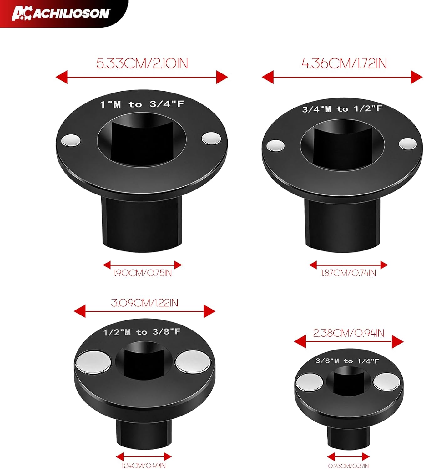 4Pcs Low Profile Impact Socket Adapter Set for Standard Drive Sizes - Magnetic Ratchet Converter Kit for Tight Spaces (3/4" to 1", 1/2" to 3/4", 1/2" to 3/8", 1/4" to 3/8")