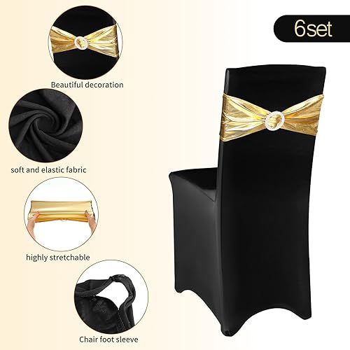 Miniatura 2 de Frienda 120 fundas negras para silla, de elastano elástico, y banda elástica para silla con hebilla redonda, para graduación, graduación, fiesta,